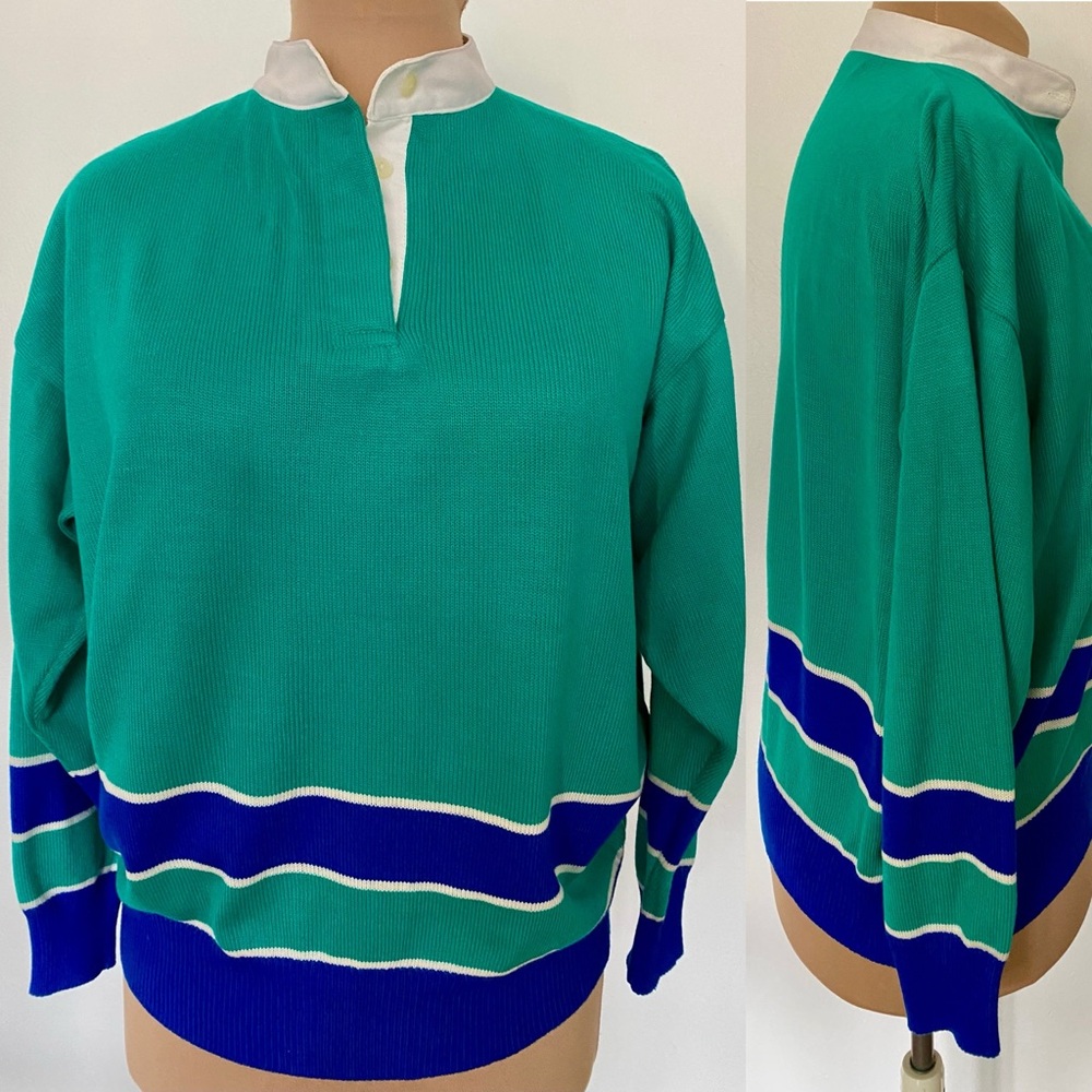 Vintage 80s Men's Pullover Sweater *Large* ANDREW St JOHN Green Striped Knit